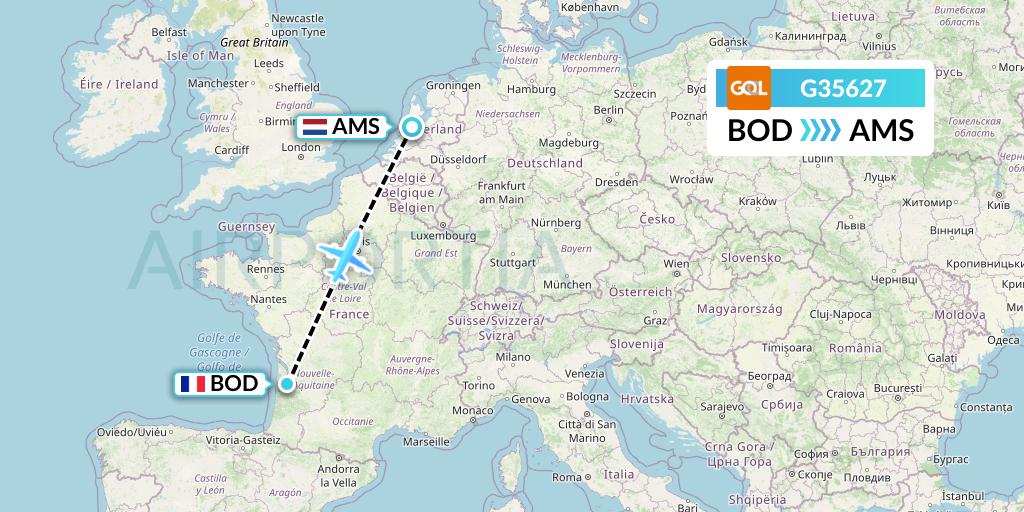 G35627 GOL Transportes Aeros Flight Map: Bordeaux to Amsterdam