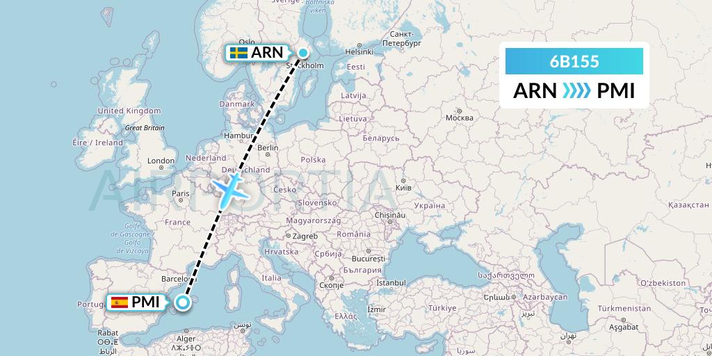 6B155 TUI fly Nordics Flight Map: Stockholm to Palma de Mallorca