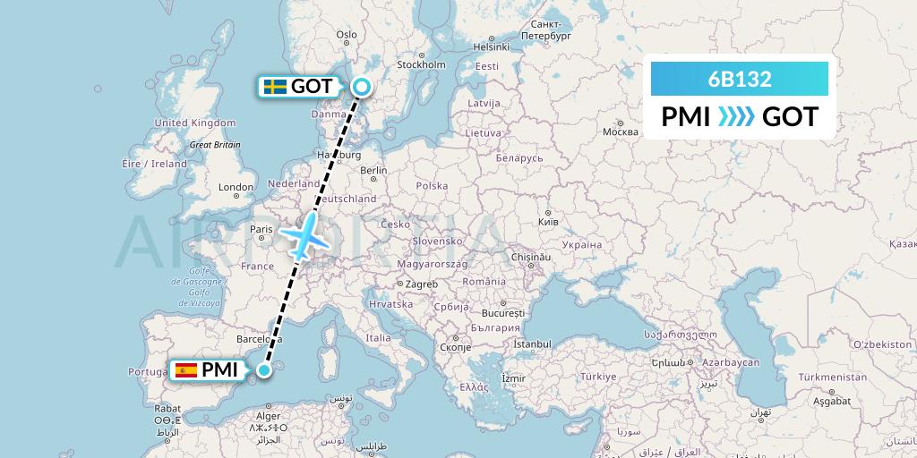 6B132 TUI fly Nordics Flight Map: Palma de Mallorca to Gothenburg