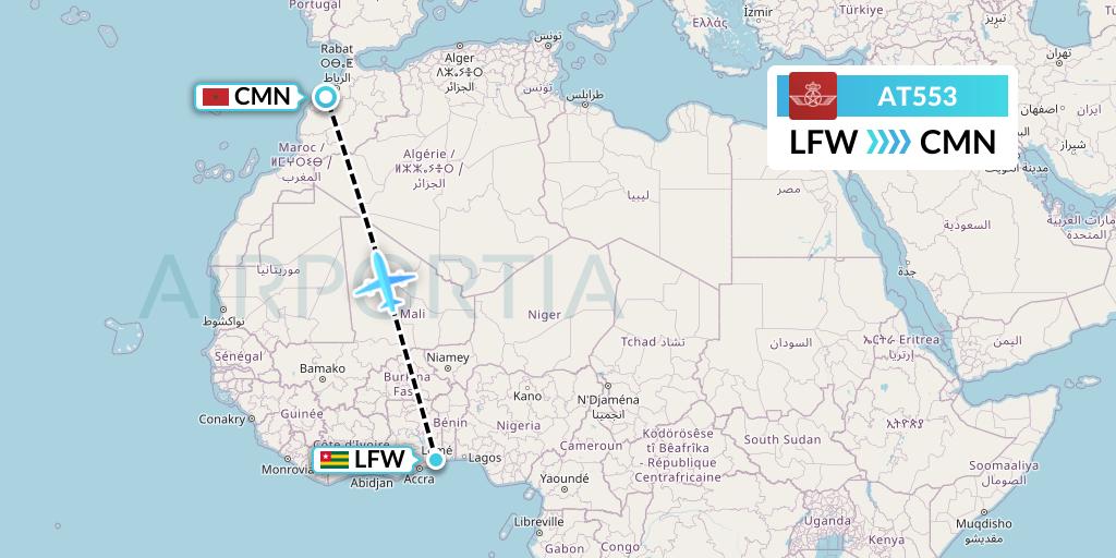 AT553 Royal Air Maroc Flight Map: Lome to Casablanca