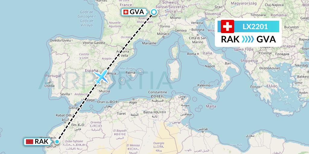 LX2201 Swiss Flight Map: Marrakesh to Geneva