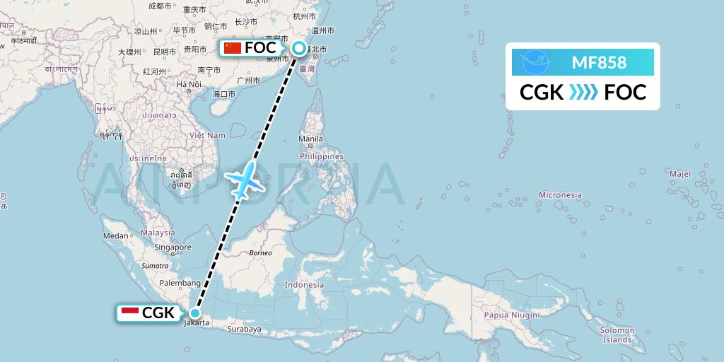 MF858 Xiamen Airlines Flight Map: Jakarta to Fuzhou