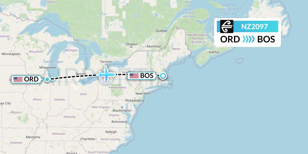 NZ2097 Air New Zealand Flight Map: Chicago to Boston