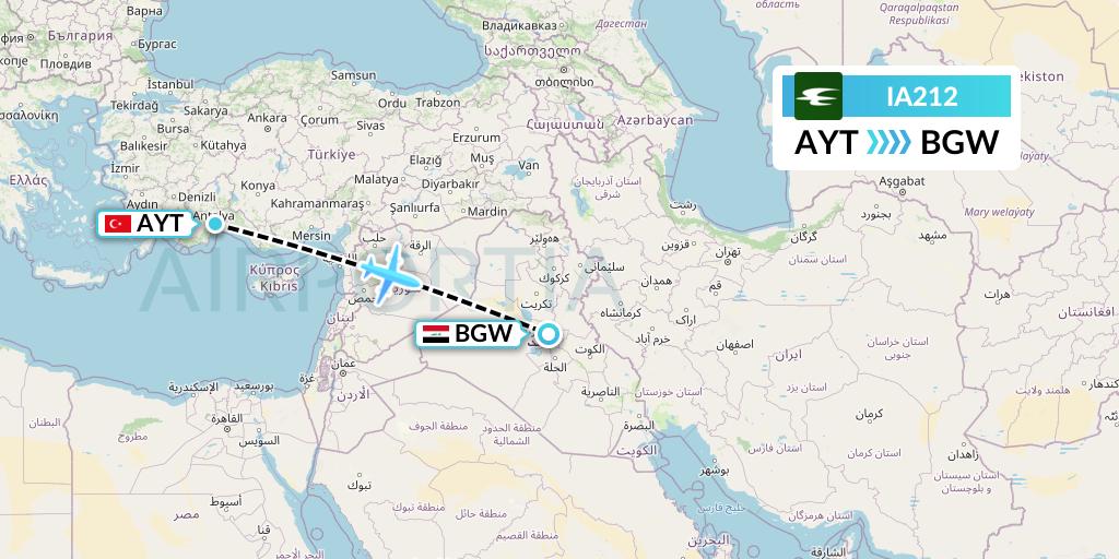 IA212 Iraqi Airways Flight Map: Antalya to Baghdad
