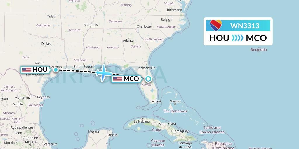 WN3313 Southwest Airlines Flight Map: Houston to Orlando