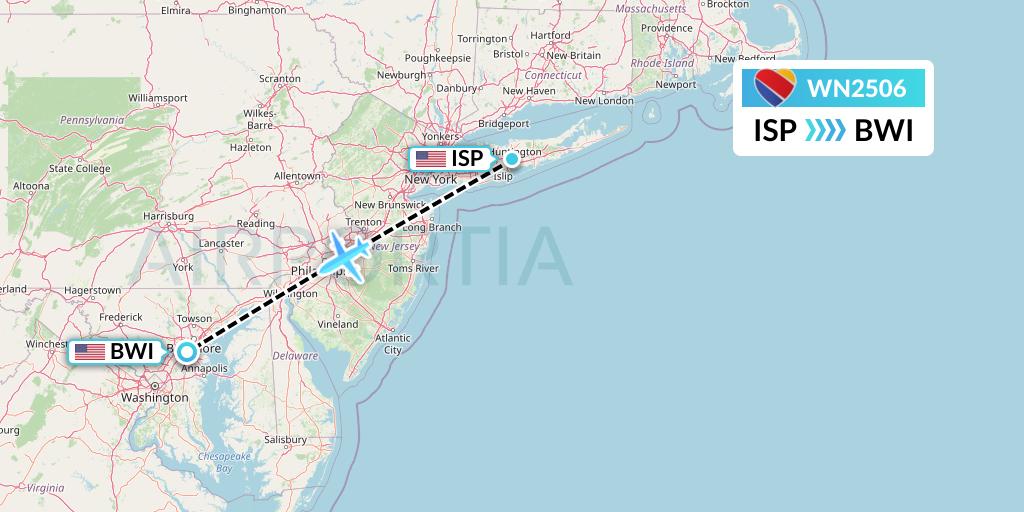 WN2506 Southwest Airlines Flight Map: Islip to Baltimore