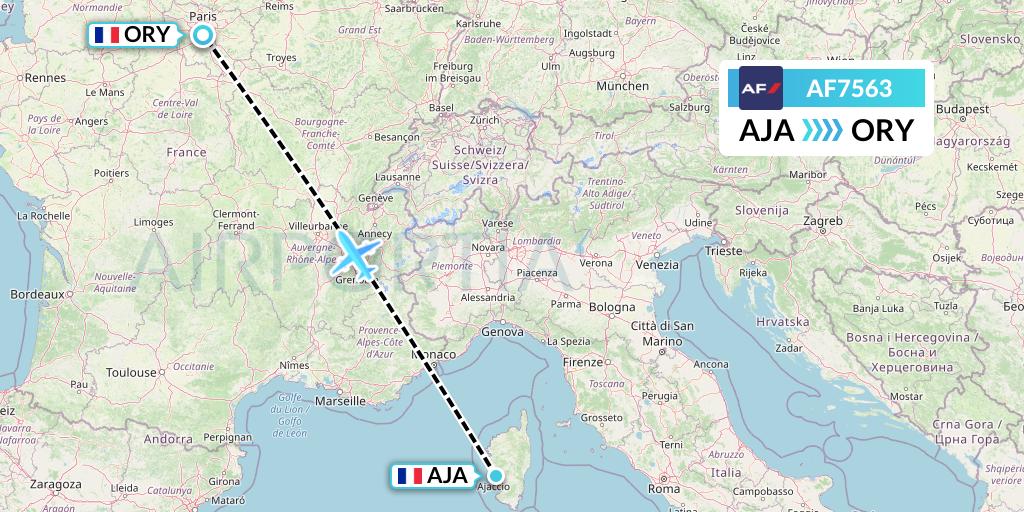 AF7563 Air France Flight Map: Ajaccio to Paris