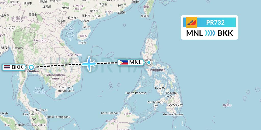 PR732 Philippine Airlines Flight Map: Manila to Bangkok