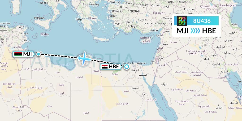 8U436 Afriqiyah Airways Flight Map: Tripoli to Alexandria