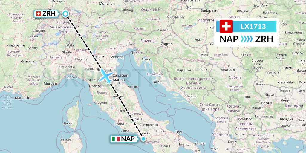 LX1713 Swiss Flight Map: Naples to Zurich