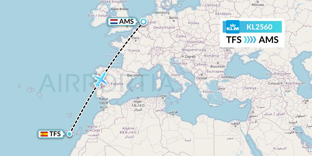 KL2560 KLM Flight Map: Tenerife to Amsterdam