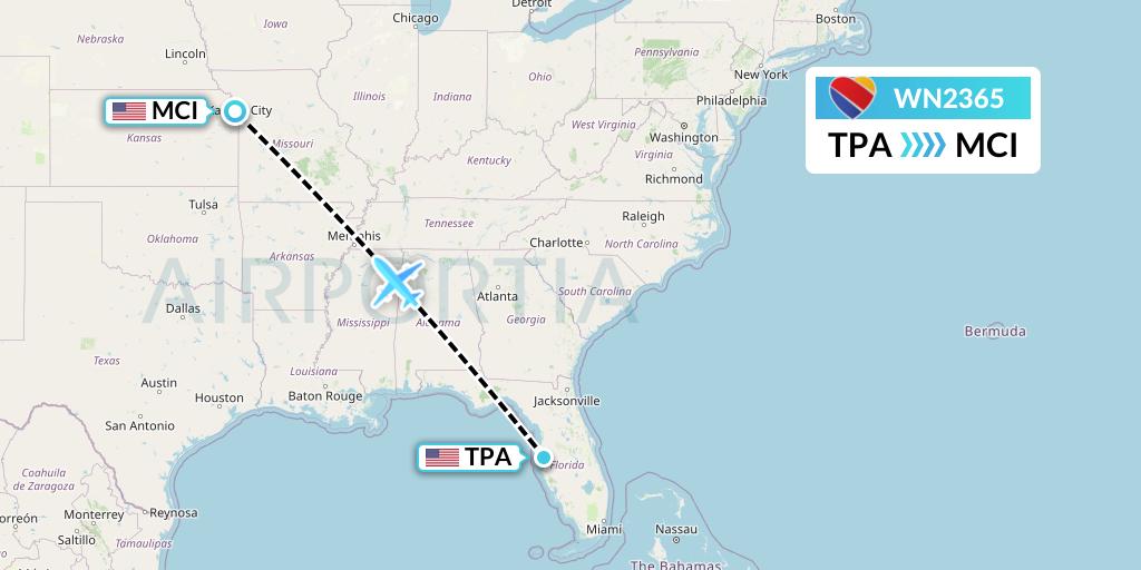 WN2365 Southwest Airlines Flight Map: Tampa to Kansas City