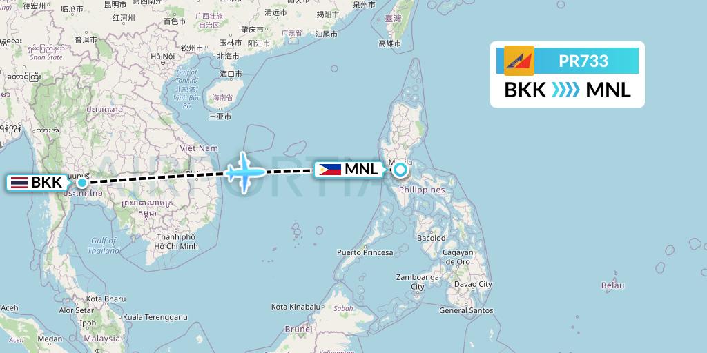 PR733 Philippine Airlines Flight Map: Bangkok to Manila