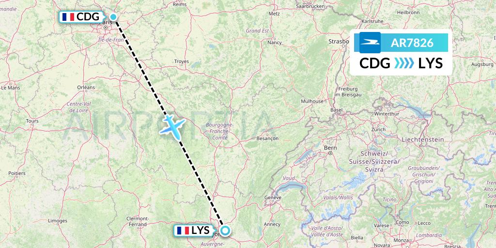 AR7826 Aerolineas Argentinas Flight Map: Paris to Lyon