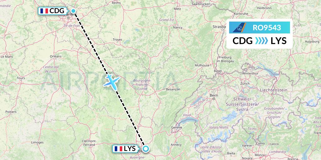 RO9543 Tarom Flight Map: Paris to Lyon