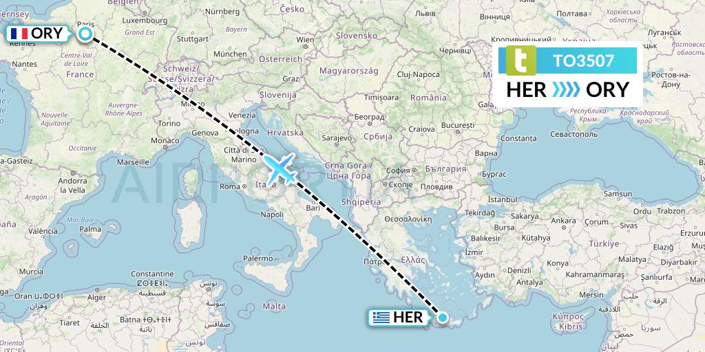 TO3507 Transavia France Flight Map: Heraklion to Paris