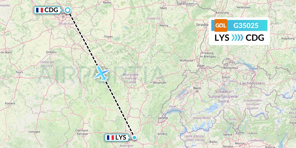G35025 GOL Transportes Aeros Flight Map: Lyon to Paris