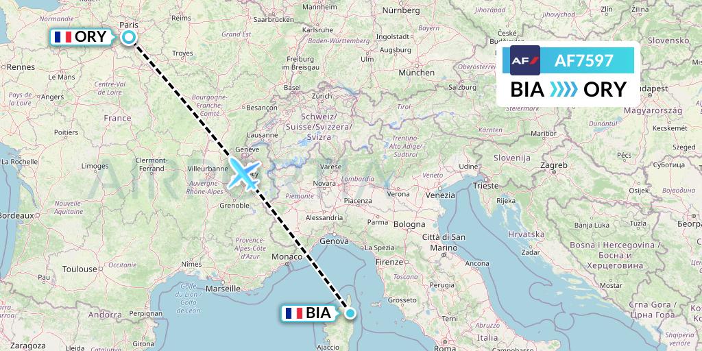 AF7597 Air France Flight Map: Bastia to Paris
