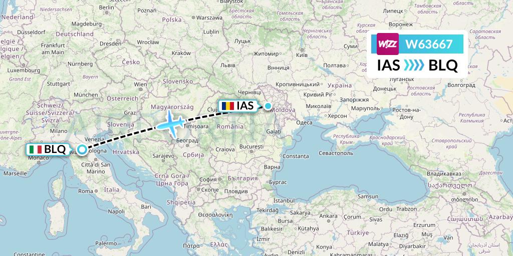 W63667 Wizz Air Flight Map: Iasi to Bologna