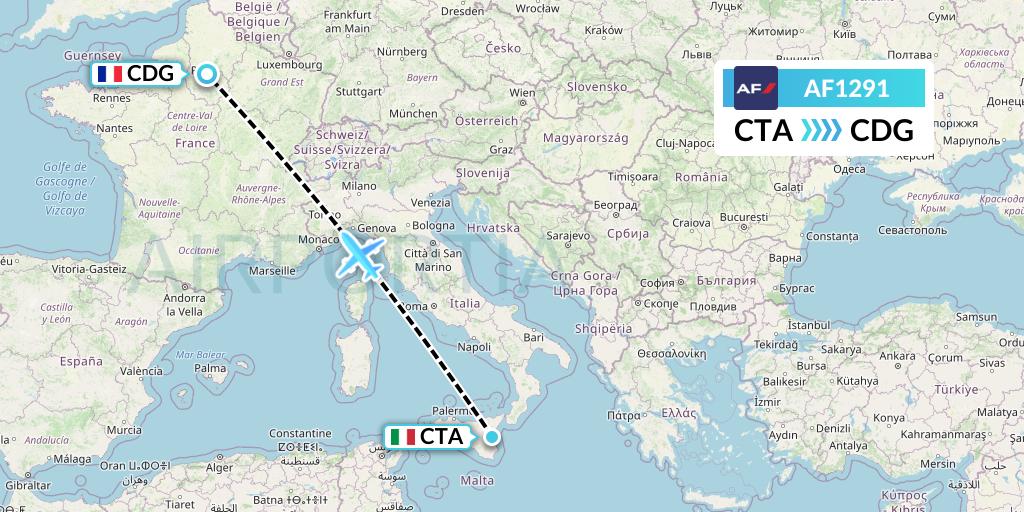 AF1291 Air France Flight Map: Catania to Paris