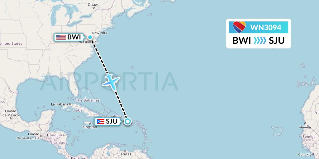WN3094 Southwest Airlines Flight Map: Baltimore to San Juan