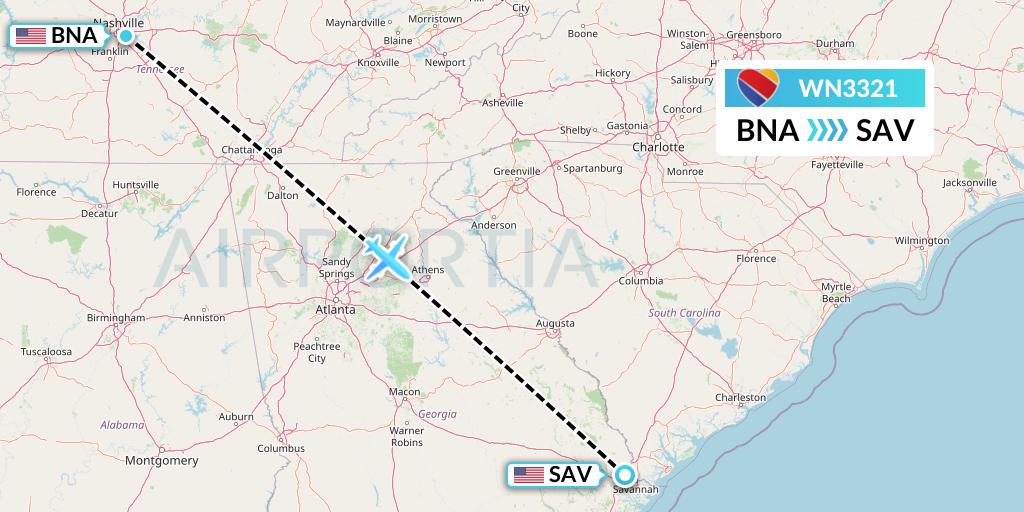 WN3321 Southwest Airlines Flight Map: Nashville to Savannah
