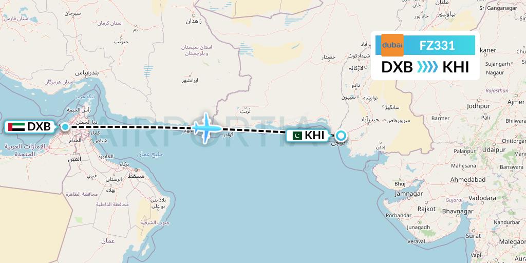 FZ331 FlyDubai Flight Map: Dubai to Karachi