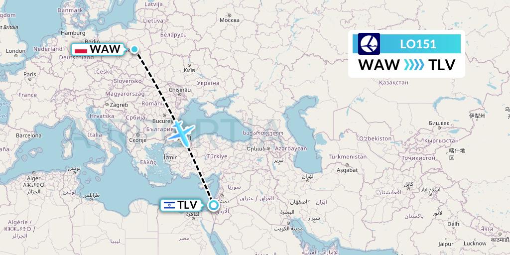 LO151 LOT Flight Map: Warsaw to Tel Aviv