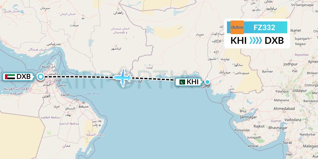 FZ332 FlyDubai Flight Map: Karachi to Dubai