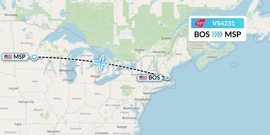VS4231 Virgin Atlantic Airways Flight Map: Boston to Minneapolis