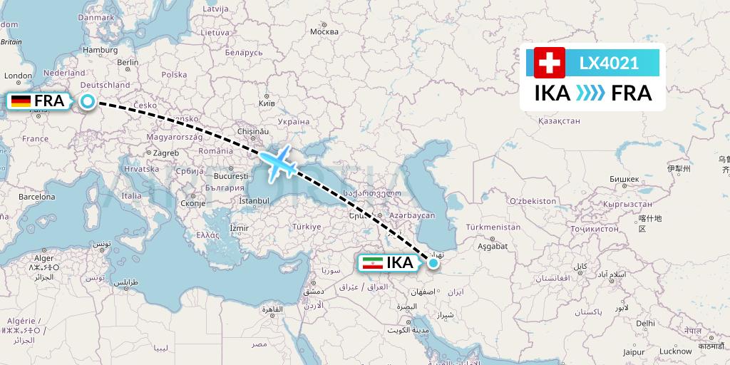 LX4021 Swiss Flight Map: Tehran to Frankfurt