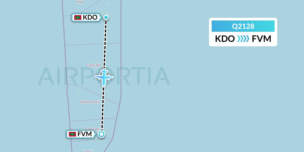 Q2128 Maldivian Flight Map: Kadhdhoo Island to Fuvahmulah Island