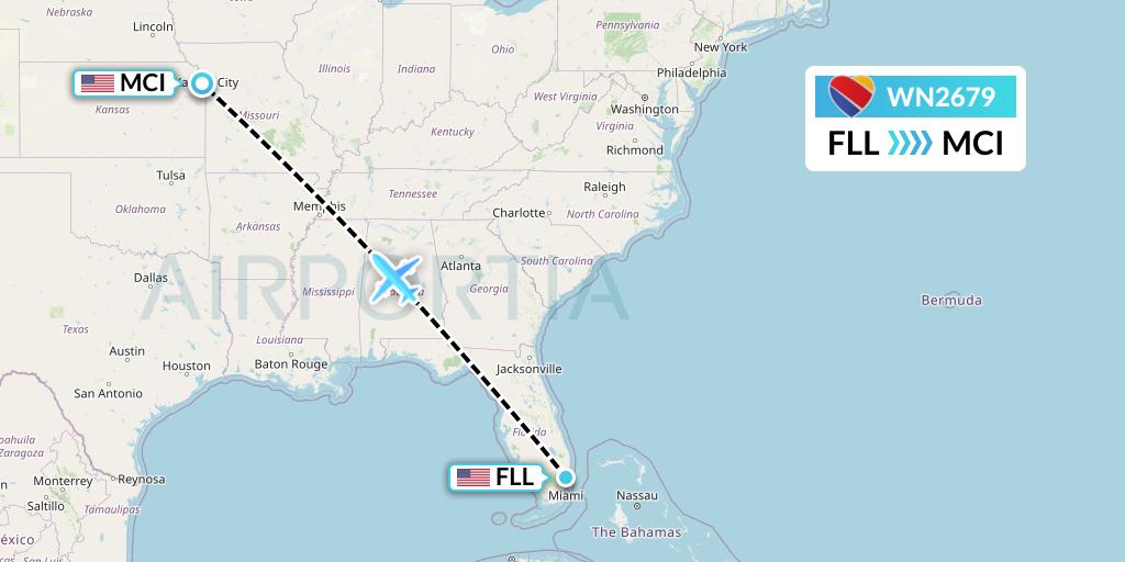 WN2679 Southwest Airlines Flight Map: Fort Lauderdale to Kansas City