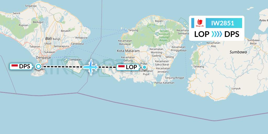 IW2851 Wings Air Flight Map: Lombok to Denpasar