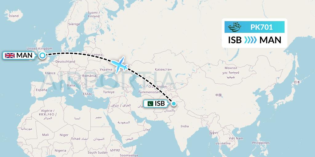 PK701 Pakistan International Airlines Flight Map: Islamabad to Manchester