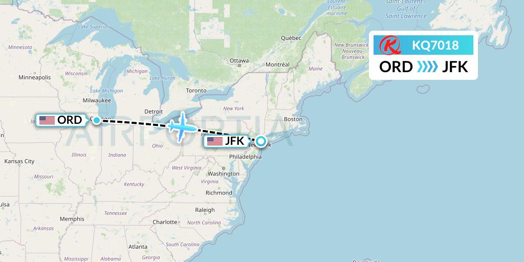 KQ7018 Kenya Airways Flight Map: Chicago to New York