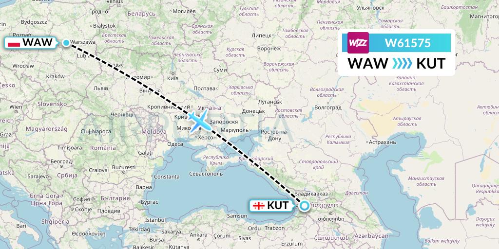 W61575 Wizz Air Flight Map: Warsaw to Kutaisi