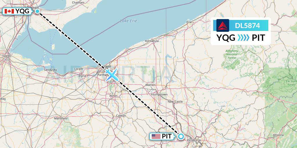 DL5874 Delta Air Lines Flight Map: Windsor to Pittsburgh