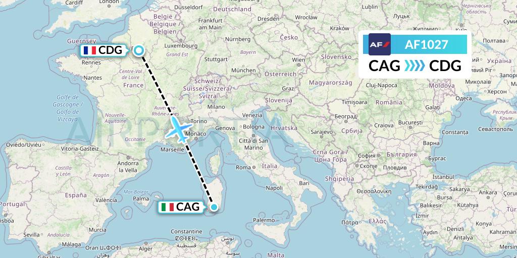 AF1027 Air France Flight Map: Cagliari to Paris