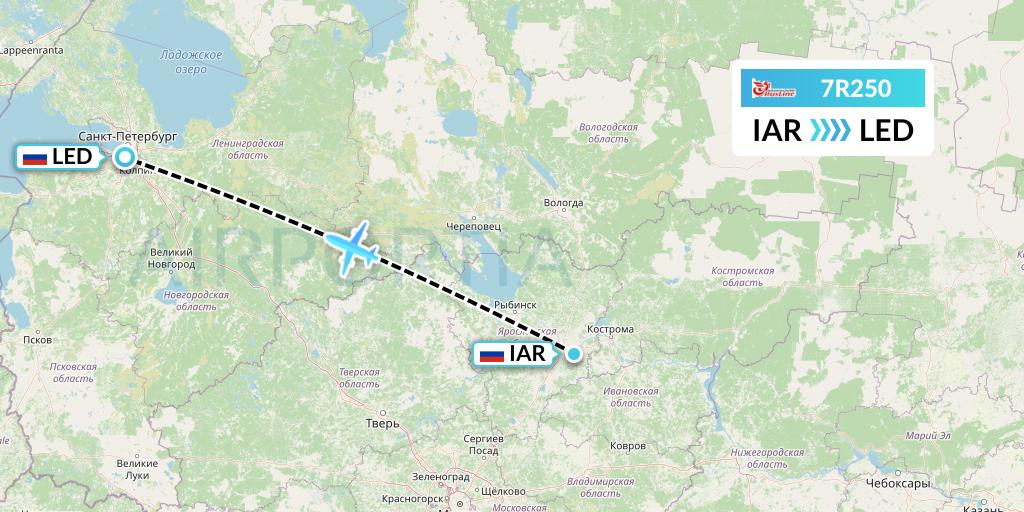 7R250 Rusline Flight Map: Yaroslavl to St. Petersburg