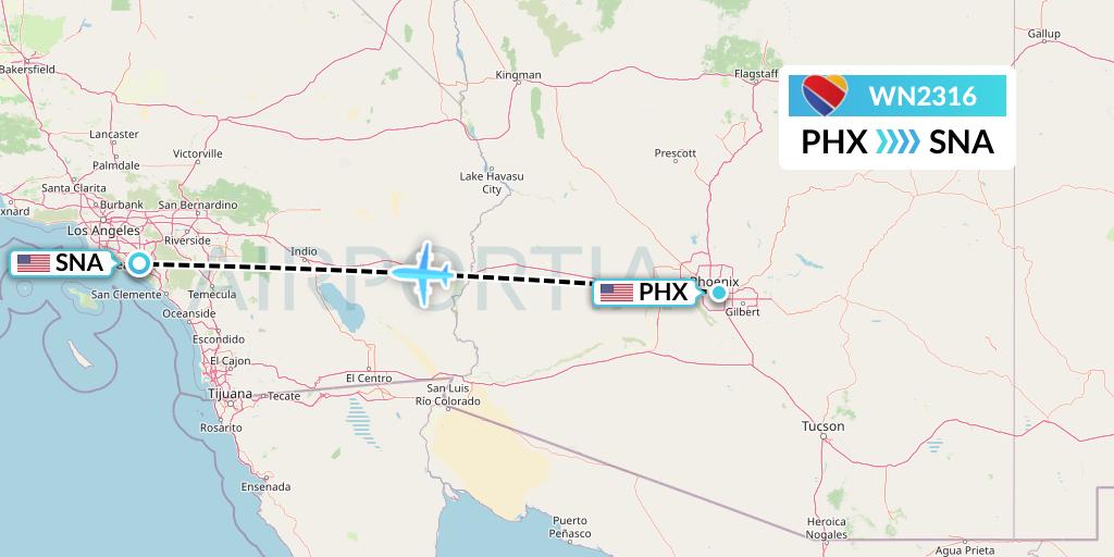 WN2316 Southwest Airlines Flight Map: Phoenix to Orange County