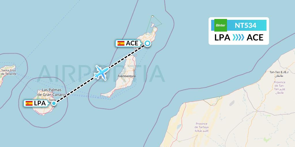 NT534 Binter Canarias Flight Map: Las Palmas to Lanzarote