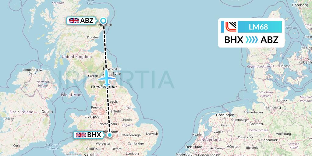 LM68 Loganair Flight Map: Birmingham to Aberdeen