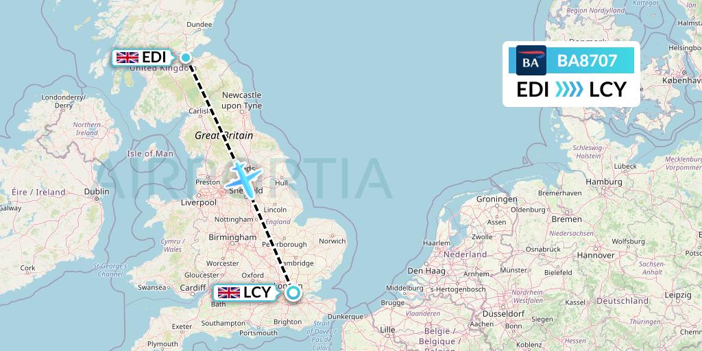 BA8707 British Airways Flight Map: Edinburgh to London