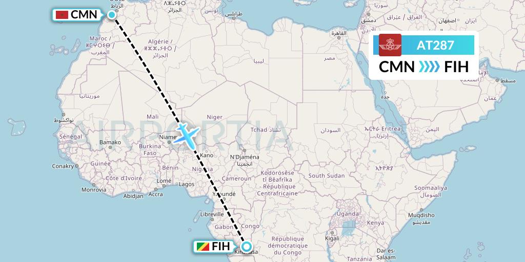 AT287 Royal Air Maroc Flight Map: Casablanca to Kinshasa