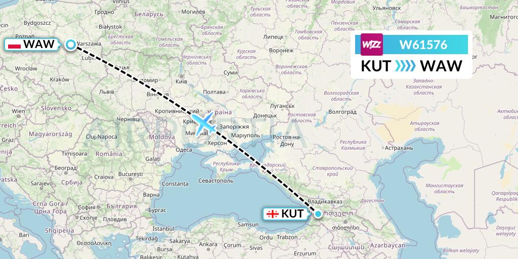 W61576 Wizz Air Flight Map: Kutaisi to Warsaw
