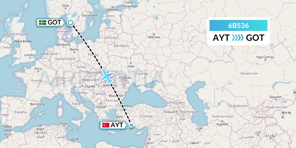 6B536 TUI fly Nordics Flight Map: Antalya to Gothenburg