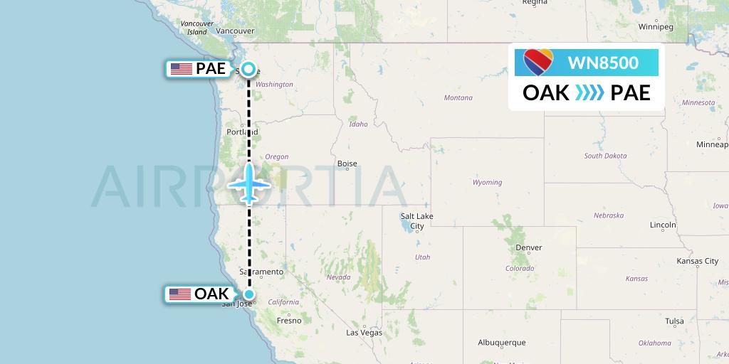 WN8500 Southwest Airlines Flight Map: Oakland to Everett