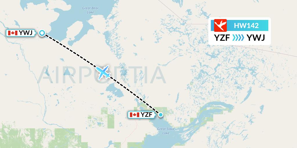 HW142 North-Wright Airways Flight Map: Yellowknife to Deline