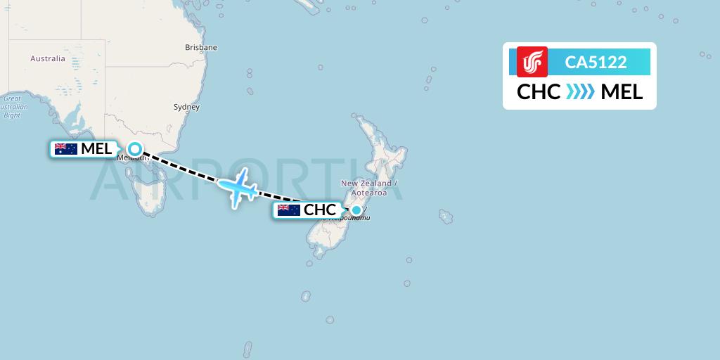 CA5122 Air China Flight Map: Christchurch to Melbourne
